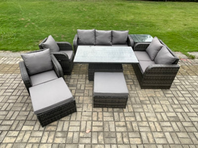 Fimous Outdoor Rattan Furniture Garden Dining Set Adjustable Rising Lifting Table Reclining Chair Sofa With Side Table