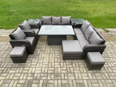 Fimous 11 Seater Rattan Outdoor Garden Furniture Sets Height Adjustable Rising Lifting Diningtable Sofa Set With Reclining Chair from B&Q