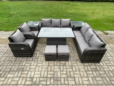 B&Q -  Rattan Outdoor Garden Furniture Sets Height Adjustable Rising Lifting Dining Table Reclining Chair Set With 2 Side Tables