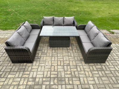 Fimous Patio Garden Dining Set Outdoor Rattan Furniture Lounge Sofa Rising Lifting Table For Terrace