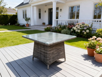 Fimous Unisex Dark Grey Pe Rattan Outdoor Square Dining Table Garden Furniture Accessory Clear Tempered Glass In 90L - Image 4
