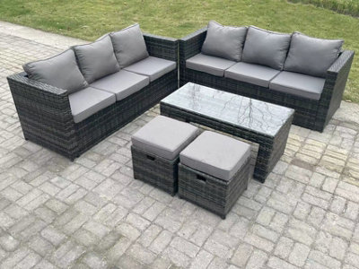 Fimous Outdoor Rattan Garden Furniture Lounge Sofa Set With Oblong Rectagular Coffee Table 2 Stools For Garden Dark/Grey