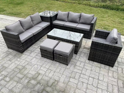 Fimous Outdoor Rattan Garden Furniture Lounge Sofa Set With Oblong Rectagular Coffee Table Coffee Table 2 Stools Dark/Grey