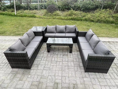 Fimous Outdoor Rattan Garden Furniture Lounge Sofa Set With Oblong Rectagular Coffee Table And Side Table Dark/Grey