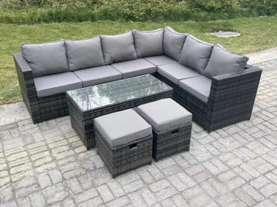 Fimous 8 Seater Rattan Corner Sofa Lounge Sofa Set With Rectangular Coffee Table 2 Stool Mixed Right Hand Dark/Grey