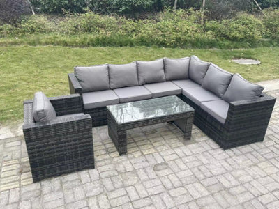 Fimous 7 Seater Rattan Corner Sofa Lounge Sofa Set With Rectangular Coffee Table With Arm Chair Mixed Dark/Grey