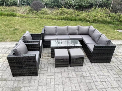 Fimous 10 Seater Rattan Corner Sofa Lounge Sofa Set With Rectangular Coffee Table 2 Stool Mixed Right Hand Dark/Grey