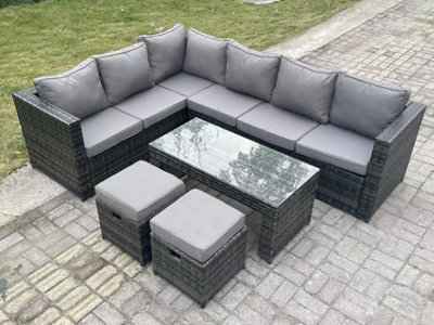 Fimous 8 Seater Rattan Corner Sofa Lounge Sofa Set With Rectangular Coffee Table 2 Stool Mixed Left Hand Dark/Grey
