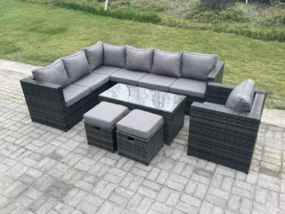 Fimous 9 Seater Rattan Corner Sofa Lounge Sofa Set With Rectangular Coffee Table 2 Stool Mixed Left Hand Dark/Grey