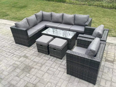 Fimous 10 Seater Rattan Corner Sofa Lounge Sofa Set With Rectangular Coffee Table 2 Stool Mixed Left Hand Dark/Grey