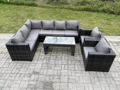Fimous 8 Seater Rattan Corner Sofa Lounge Sofa Set With Rectangular Coffee Table 2 Arm Chair Mixed Left Hand Dark/Grey