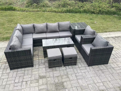Fimous 10 Seater Rattan Corner Sofa Lounge Sofa Set With Rectangular Coffee Table Side Table 2 Arm Chair And 2 Stools