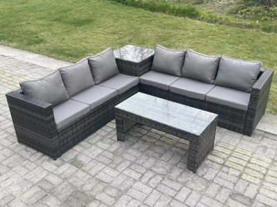 Fimous 6 Seater Rattan Corner Sofa Set With Square Side Table And Oblong Rectangular Coffee Tea Table Mixed Dark/Grey