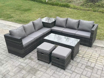Fimous 8 Seater Rattan Corner Sofa Set With Square Side Table And Oblong Rectangular Coffee Tea Table 2 Stools Mixed Dark/Grey