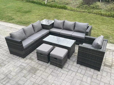 Fimous 9 Seater Rattan Corner Sofa Set With Square Side Table And Oblong Rectangular Coffee Tea Table Arm Chair 2 Stools