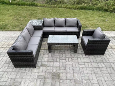 Fimous 7 Seater Rattan Corner Sofa Set With Square Side Table And Oblong Rectangular Coffee Tea Table Arm Chair Mixed Dark/Grey