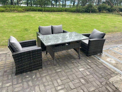 Fimous 4 Seater Outdoor Mixed High Back Rattan Sofa Dining Table Set Garden Furniture With Arm Chairs Dark/Grey