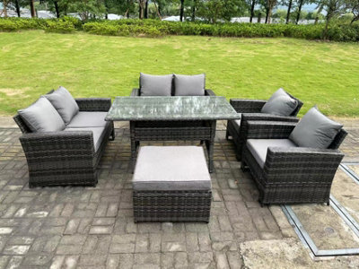 Fimous 7 Seater High Back Mixed Rattan Sofa Dining Table Set Garden Furniture Love Sofa Arm Chair Dark/Grey