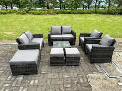 Fimous 9 Seater Mixed High Back Rattan Sofa Set Coffee Table Garden Furniture Outdoor 3 Stools Dark/Grey