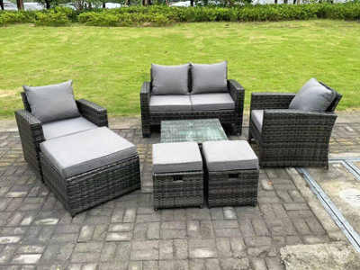 B&Q -  7 Seater Dark Grey Mixed High Back Rattan Sofa Set Square Coffee Table Garden Furniture Outdoor 3 Stools