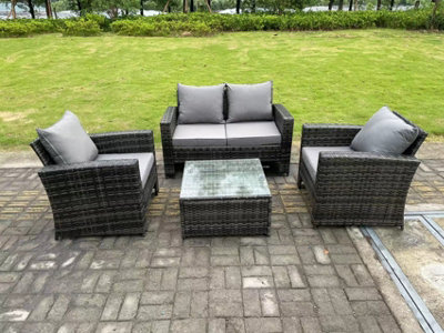 B&Q -  4 Seater Dark Grey Mixed High Back Rattan Sofa Set Square Coffee Table Garden Furniture Outdoor Patio