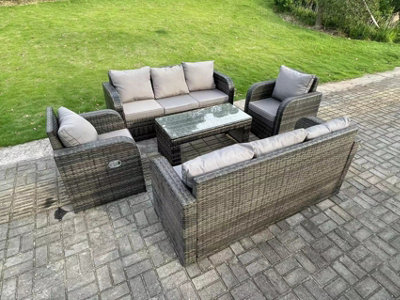Fimous 8 Seater Pe Rattan Garden Furniture Set Reclining Chair Lounge 3 Seater Sofa Set Outdoor Coffee Table