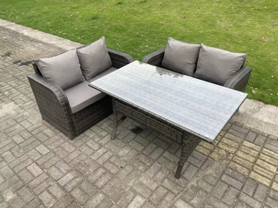 B&Q -  Dark Grey Pe Rattan Garden Furniture Set Love Sofa 2 Seater Sofa Set Outdoor Rectangular Dining Table 4 Seater