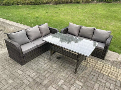 Fimous Pe Rattan Garden Furniture Set Lounge Sofa 3 Seater Sofa Set Outdoor Rectangular Dining Table 6 Seater Dark/Grey