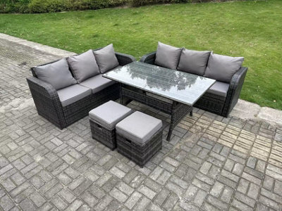 Fimous Rattan Garden Furniture Set Lounge Sofa 3 Seater Sofa Set Outdoor Rectangular Dining Table With 2 Stools 8 Seater