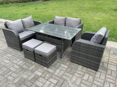 Fimous Rattan Garden Furniture Set Reclining Chair Love Sofa 2 Seater Sofa Set Outdoor Rectangular Dining Table 2 Stools