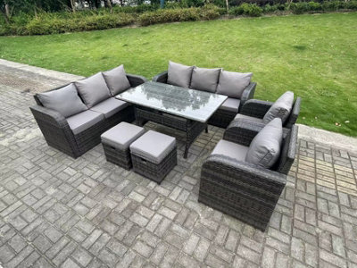 Fimous 10 Seater Rattan Garden Furniture Set Reclining Chair Lounge 3 Seater Sofa Set Outdoor Rectangular Dining Table Stools