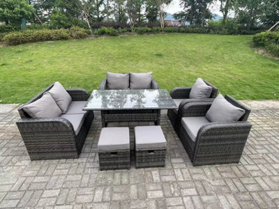 Fimous 8 Seater Pe Rattan Garden Furniture Set Reclining Chair 2 Seater Love Sofa Set Outdoor Rectangular Dining Table 2 Stools