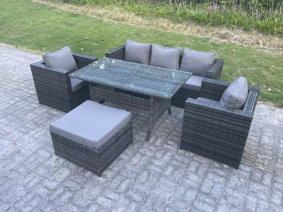 Fimous 6 Seater Pe Wicker Rattan Garden Furniture Set Lounge Sofa Chair And Rectangular Dining Table Set Big Footstools