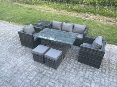 B&Q -  7 Seater Rattan Garden Furniture Set Patio Outdoor Rectangular Dining Table Lounge Sofa Chair With 2 Small Stools