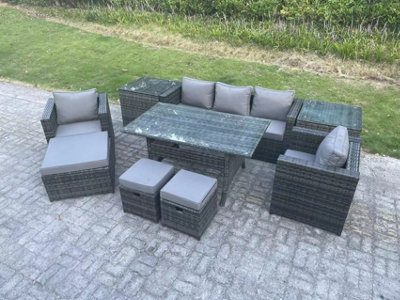Fimous Garden Furniture Set Patio Rattan Rectangular Dining Table Lounge Sofa Chair With 2 Side Table Big Footstool 2 Small Stools