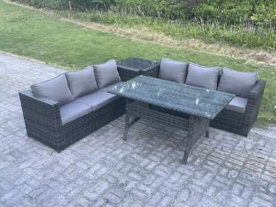 Fimous Pe Wicker Outdoor Garden Furniture Set Patio Rattan Rectangular Dining Table Lounge Sofa With Side Table 6 Seater