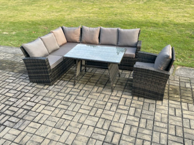 Fimous High Back Outdoor Garden Furniture Set Rattan Corner Sofa Dining Table Set With Armchair 7 Seater