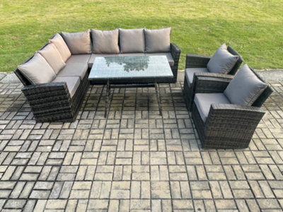 Fimous High Back Outdoor Garden Furniture Set Rattan Corner Sofa Dining Table Set With 2 Armchairs 8 Seater