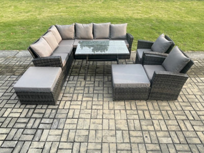 B&Q -  High Back Outdoor Garden Furniture Set Rattan Corner Sofa Dining Table Set With 2 Big Footstool