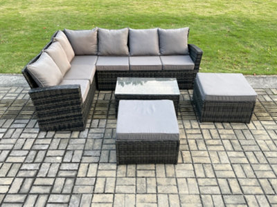 B&Q -  8 Seater High Back Outdoor Garden Furniture Set Rattan Corner Sofa Set With Big Footstool Dark Grey Mixed