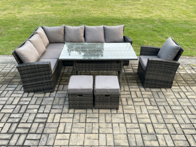 B&Q -  9 Seater Garden Rattan Furniture Corner Dining Set With 2 Small Footstools Armchair Indoor Outdoor Lounge Sofa Set