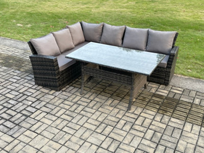 Fimous Seater Garden Rattan Furniture Corner Dining Set Rectangular Dining Table Indoor Outdoor Lounge Sofa Set Size 6