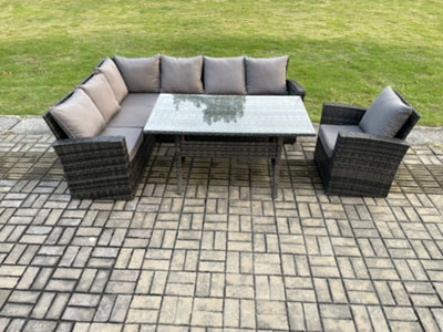 Fimous 7 Seater Garden Rattan Furniture Corner Dining Set Indoor Outdoor Lounge Sofa Set Mixed Dark/Grey
