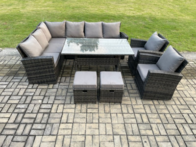 Fimous 10 Seater Garden Rattan Furniture Corner Dining Set With 2 Small Footstools Armchair Indoor Outdoor Lounge Sofa Set
