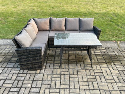 Fimous Dark/Grey Outdoor Furniture Garden Dining Set Rattan Corner Sofa Set Rectangular Dining Table Mixed
