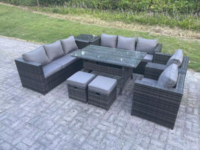 B&Q -  Garden Furniture Rattan Lounge Sofa Set Patio Rectangular Dining Table With 2 Armchair Side Table 2 Footstool 10 Seater