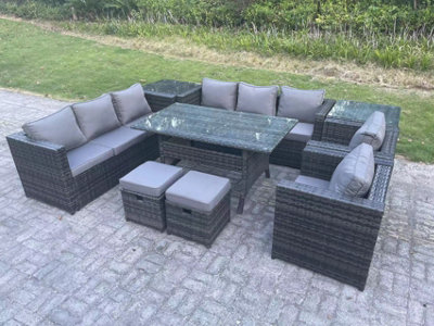 B&Q -  10 Seater Garden Furniture Rattan Lounge Sofa Set Patio Rectangular Dining Table With 2 Armchair 2 Side Table 2 Stools