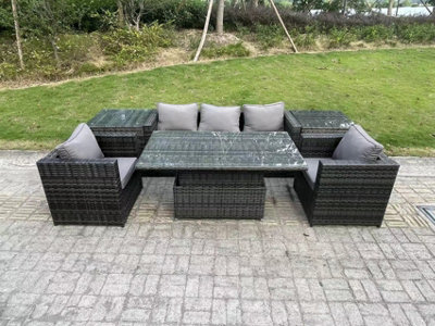 B&Q -  Rattan Garden Furniture Sofa Set Outdoor Adjustable Rising Lifting Dining Table Set With 2 Armchairs