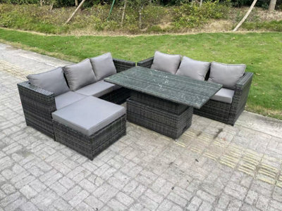 Fimous 7 Seater Wicker Pe Rattan Garden Furniture Sofa Set Outdoor Adjustable Rising Lifting Dining Table Set