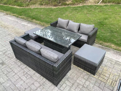 Fimous 8 Seater Rattan Sofa Garden Furniture Set Outdoor Adjustable Rising Lifting Dining Table Set With Footstool